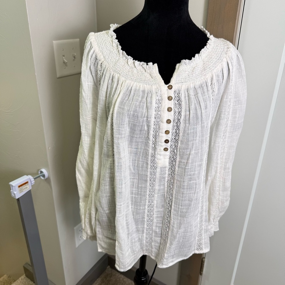 Sundance Cotton Peasant Blouse White Lacy‎ Smocked Henley Sheer Boho Gauzy Beach